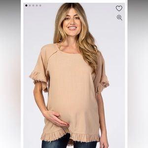 Taupe Short Sleeve Fringe Ruffle Trim Maternity Blouse